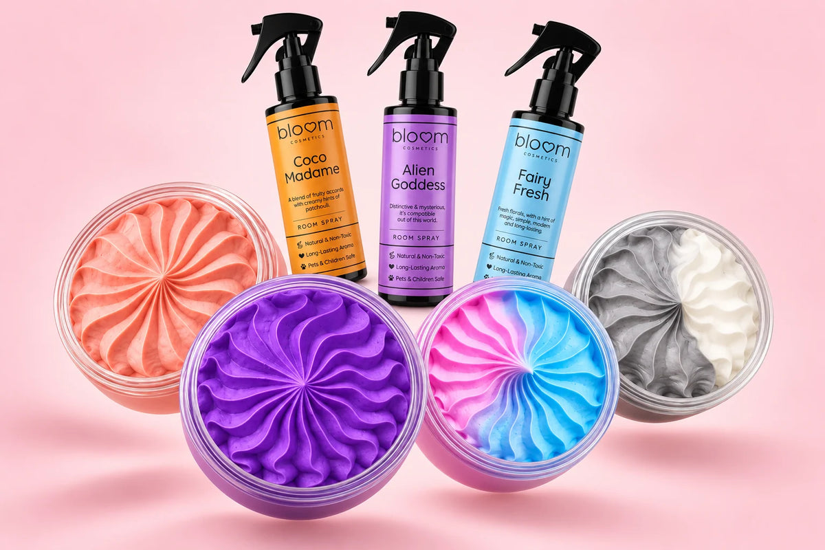 Four Bloom whipped soaps and three room spray bottles arranged with soft shadows. Choose your own scents.