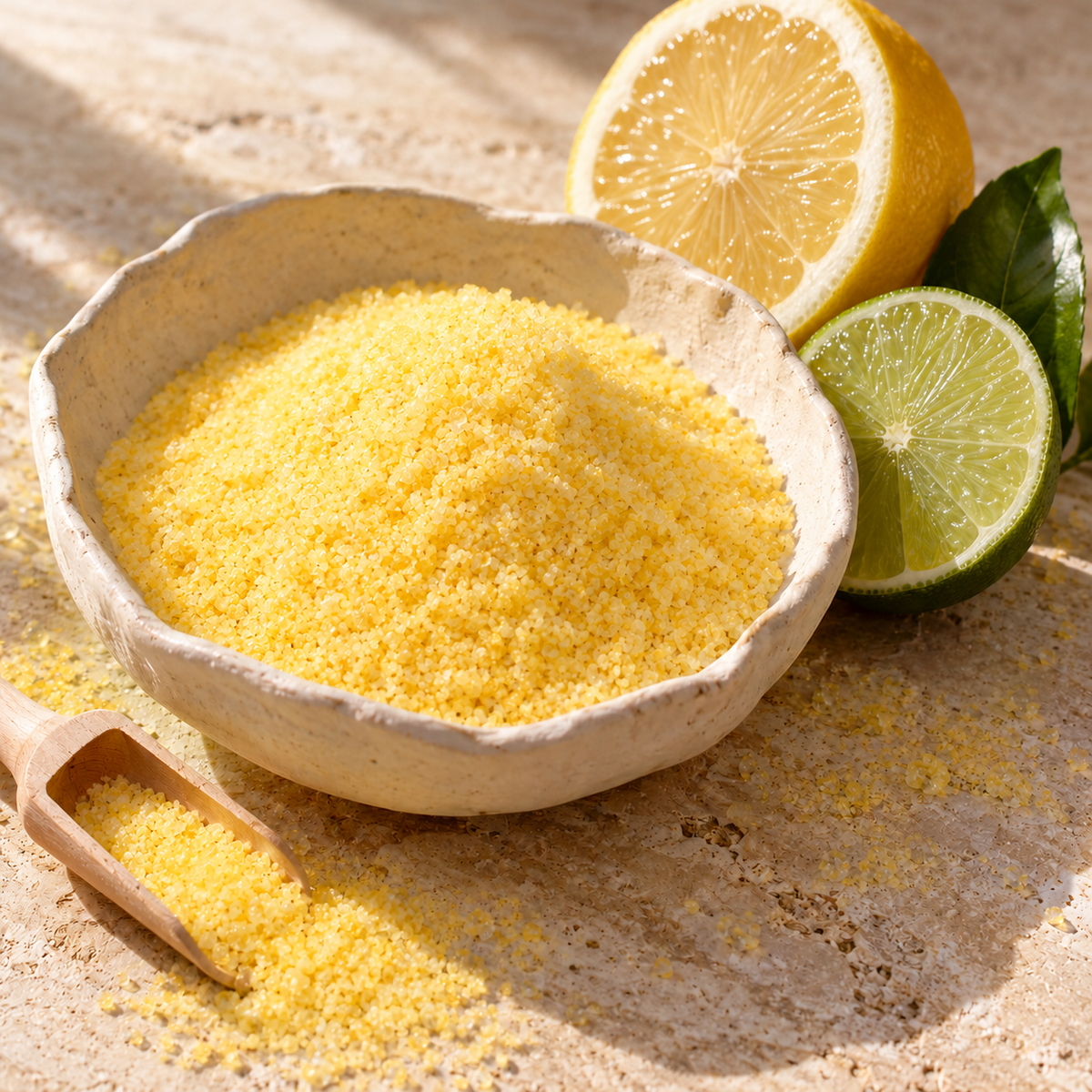Fine lemon-yellow bath salts with fresh lemon and lime on warm ivory stone