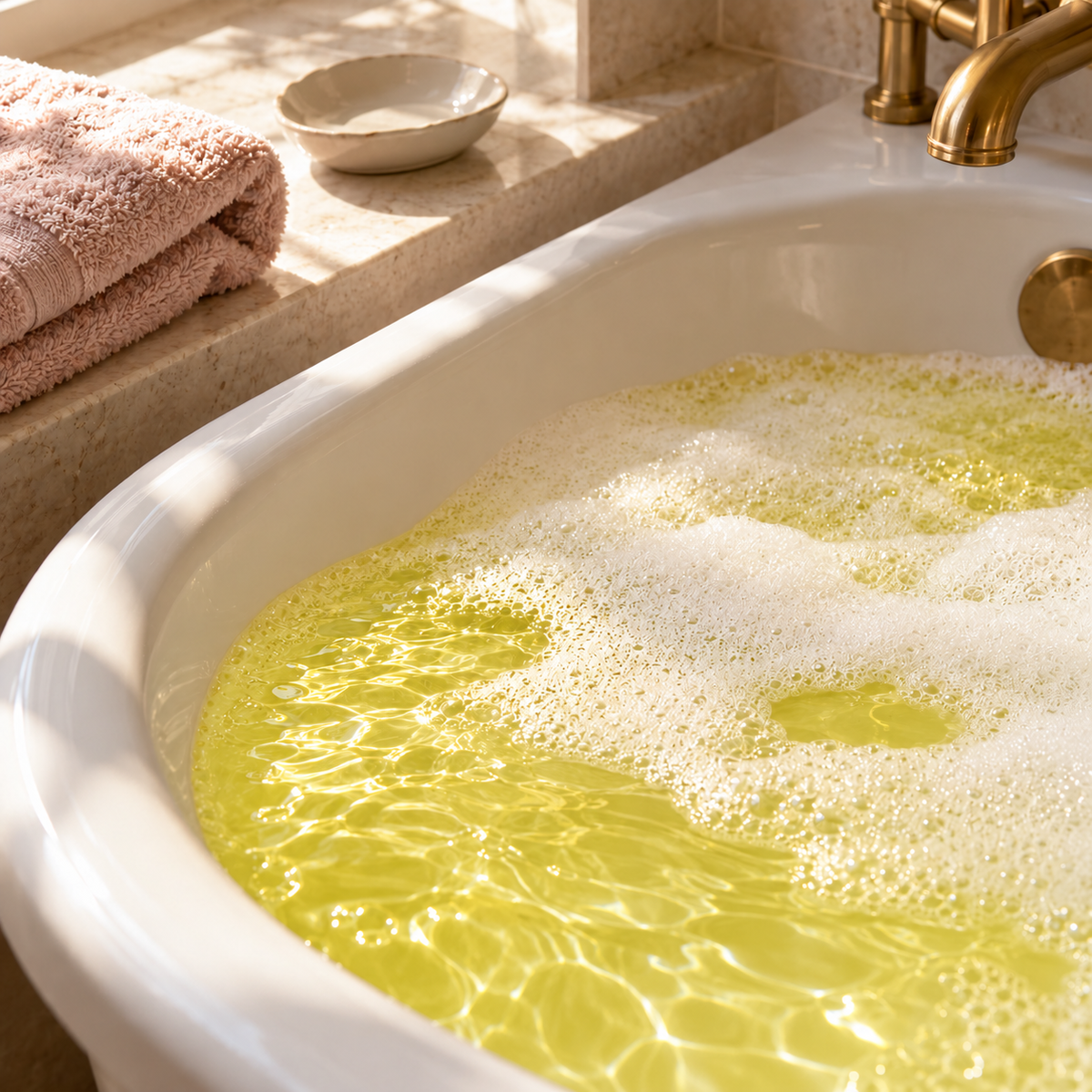 Lemon-yellow bath water with delicate white foam in a sunlit bath, styled for Lemon & Lime bath salts