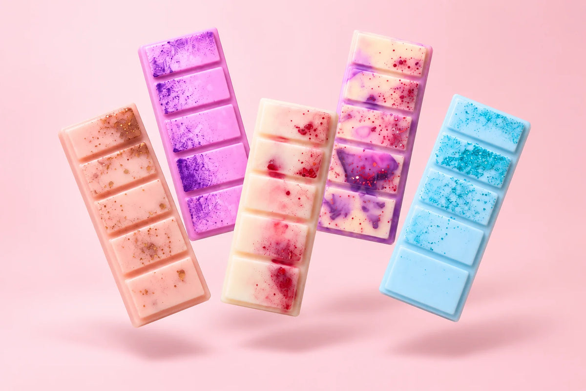 Five Bloom wax melt snap bars arranged with soft shadows. Choose your own scents.
