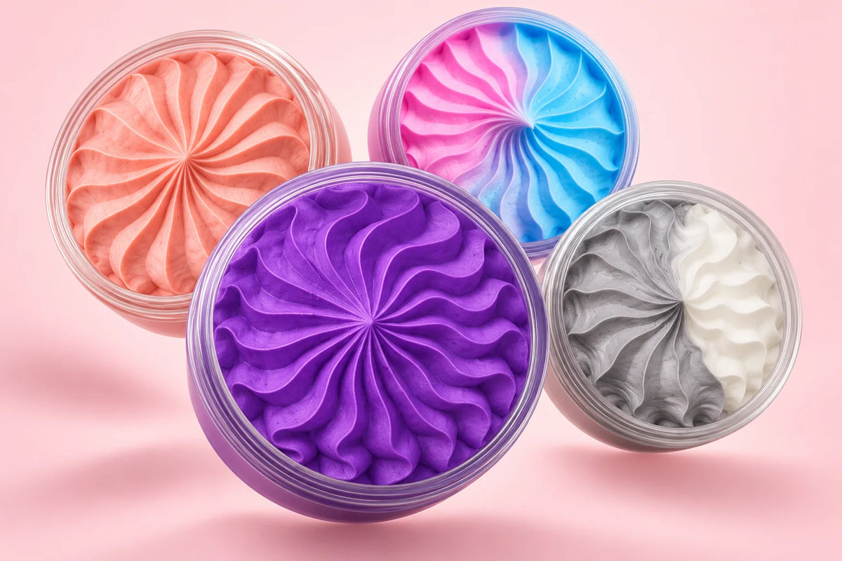 Four Bloom whipped soaps arranged with soft shadows. Choose your own scents.