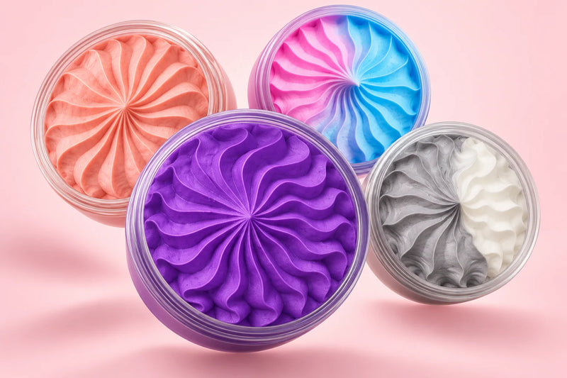 Four Bloom whipped soaps arranged with soft shadows. Choose your own scents.